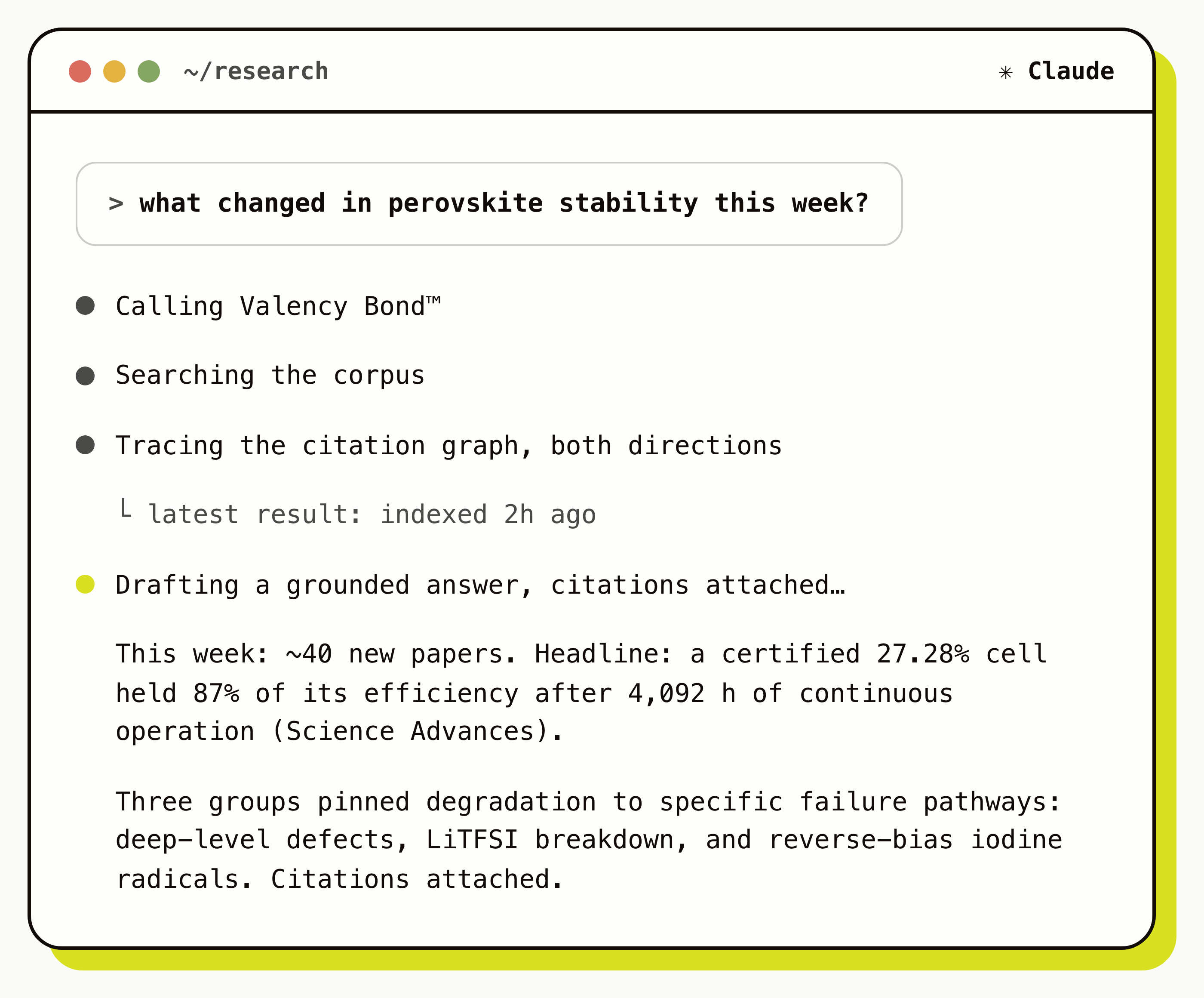 A Claude session in a terminal window using Valency Bond.