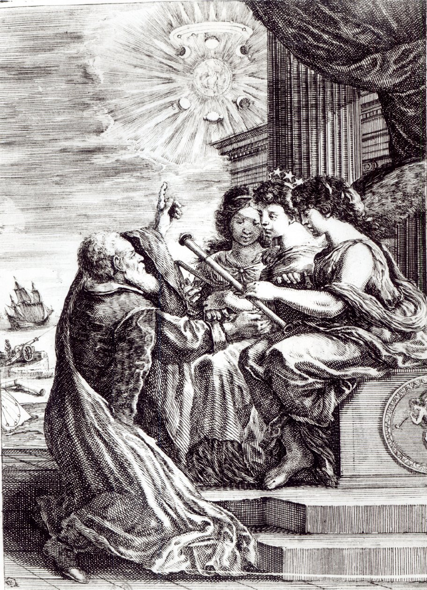 Engraving of Galileo presenting a telescope to allegorical figures, with celestial bodies overhead.