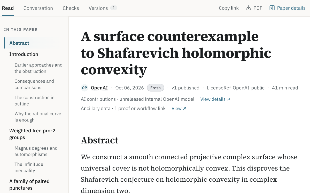 A paper from the OpenAI October Math Results in the Valency Hub reader, titled A surface counterexample to Shafarevich holomorphic convexity, showing its outline, abstract, license, declared AI contributions, and a link to its proof.