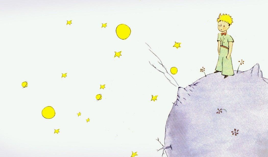 Illustration from The Little Prince of the prince standing on his tiny planet, gazing out at a sky full of stars.