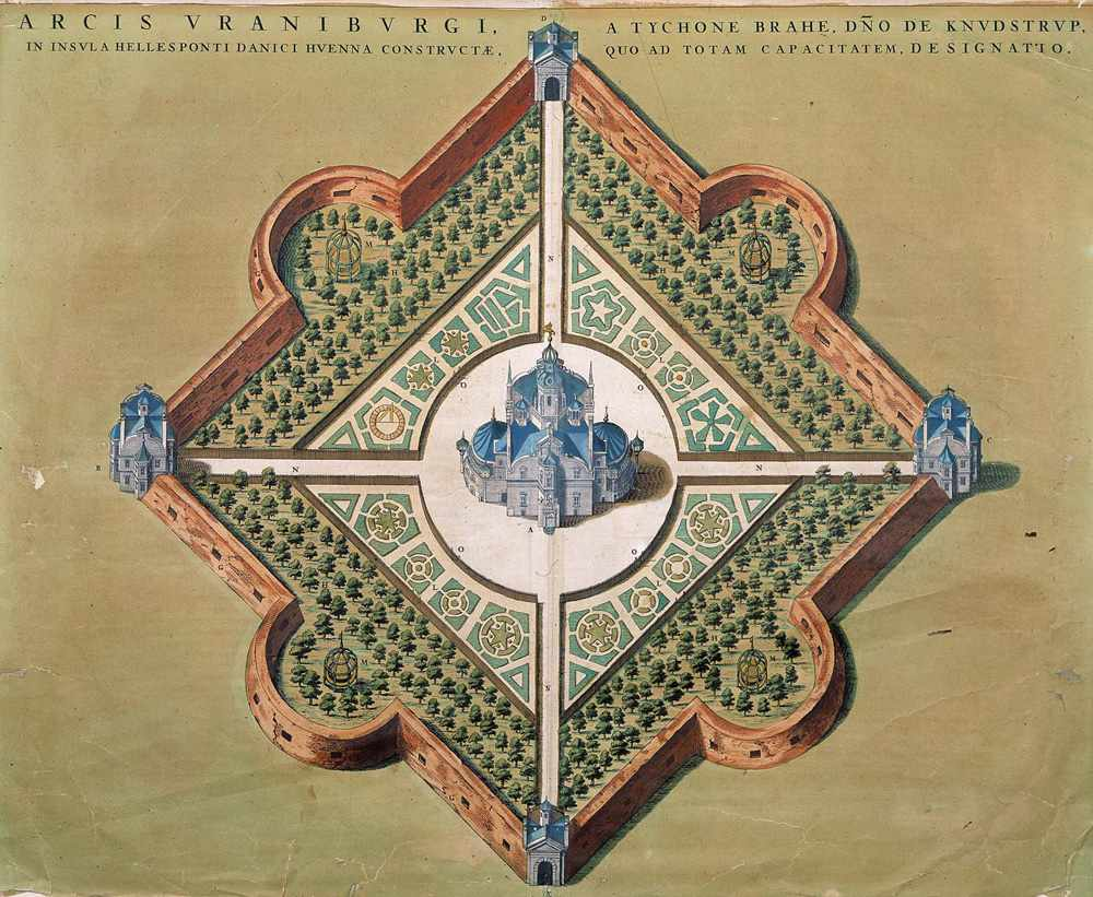Historical illustration of Uraniborg, Tycho Brahe's palace-observatory, surrounded by formal gardens and walls.